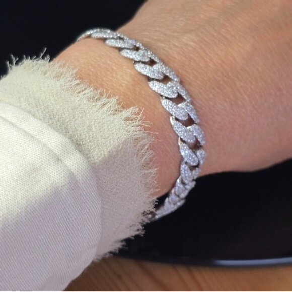 925 Sterling Silver Unisex Cuban Link Bracelet 7" with Real Moissanite Gem - Picture 2 of 12